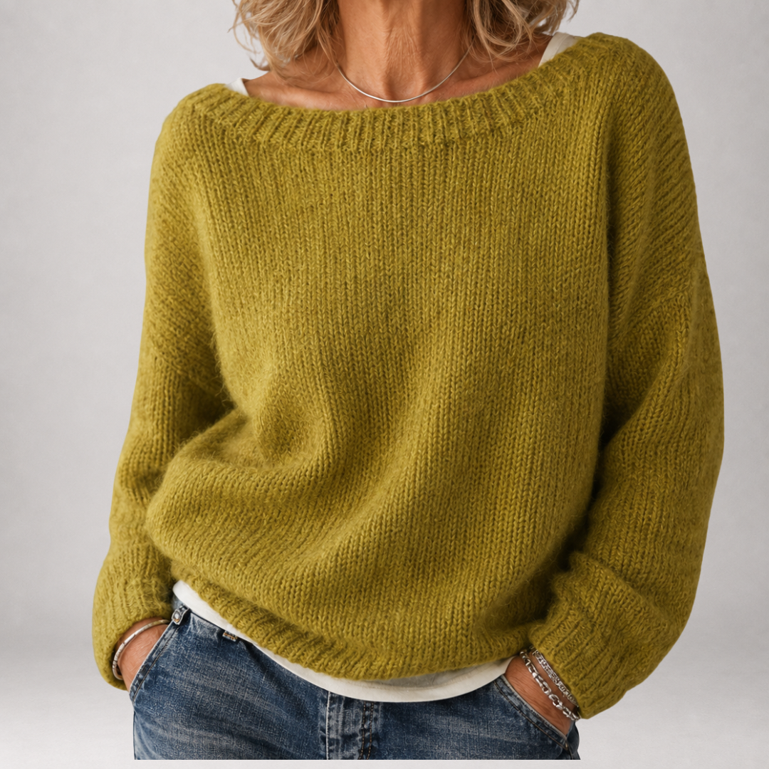 Brienne — Suéter de tricô grosso com decote barco in Verde chartreuse