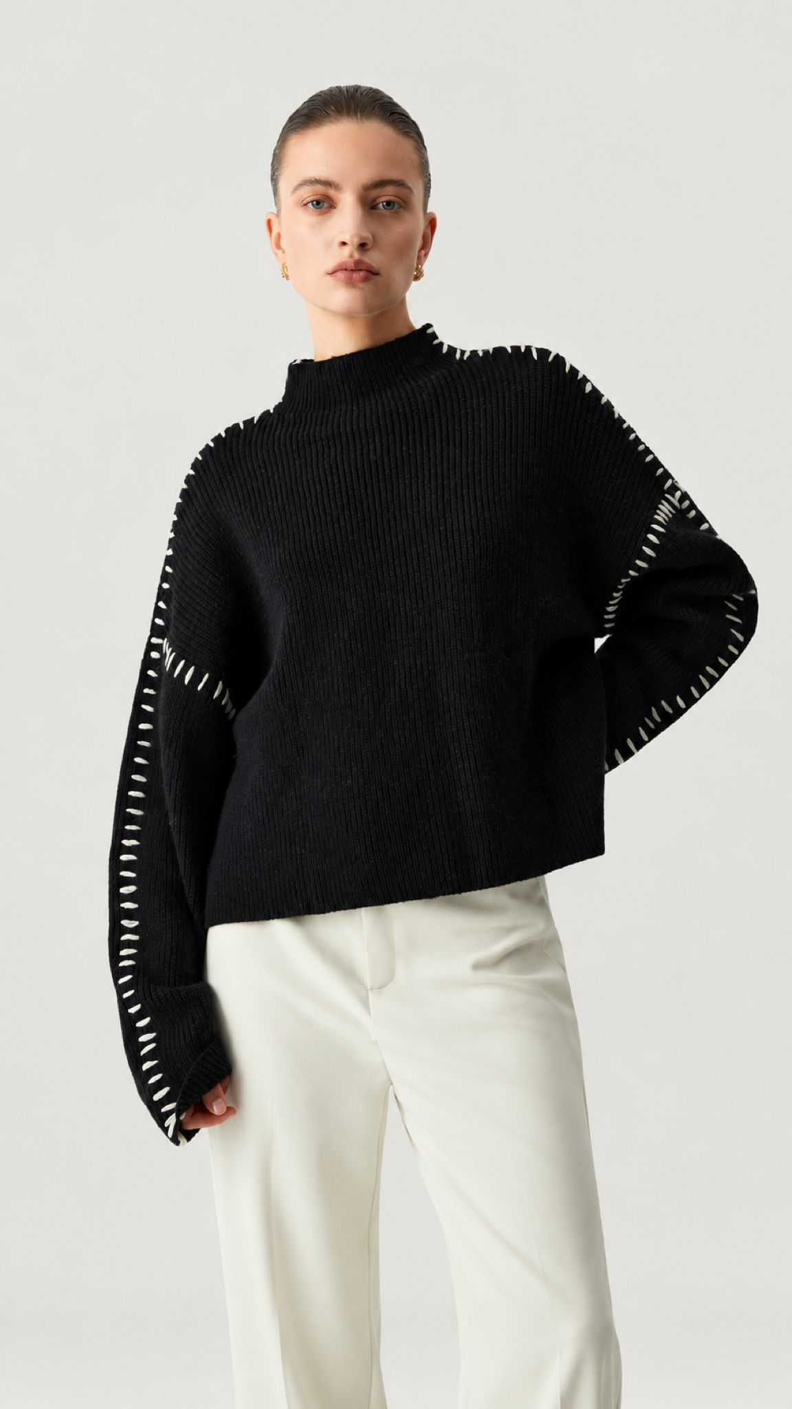 Alma — Suéter oversized com detalhes piquê in Preto