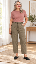 Barrel-Calça mit Ziernähten – Caqui-claro – Outfit im Wohnraum