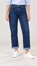 Emilia Straight-Leg-Jeans mit Umschlag – Azul-escuro – Detalhe von Bund bis Schuhen