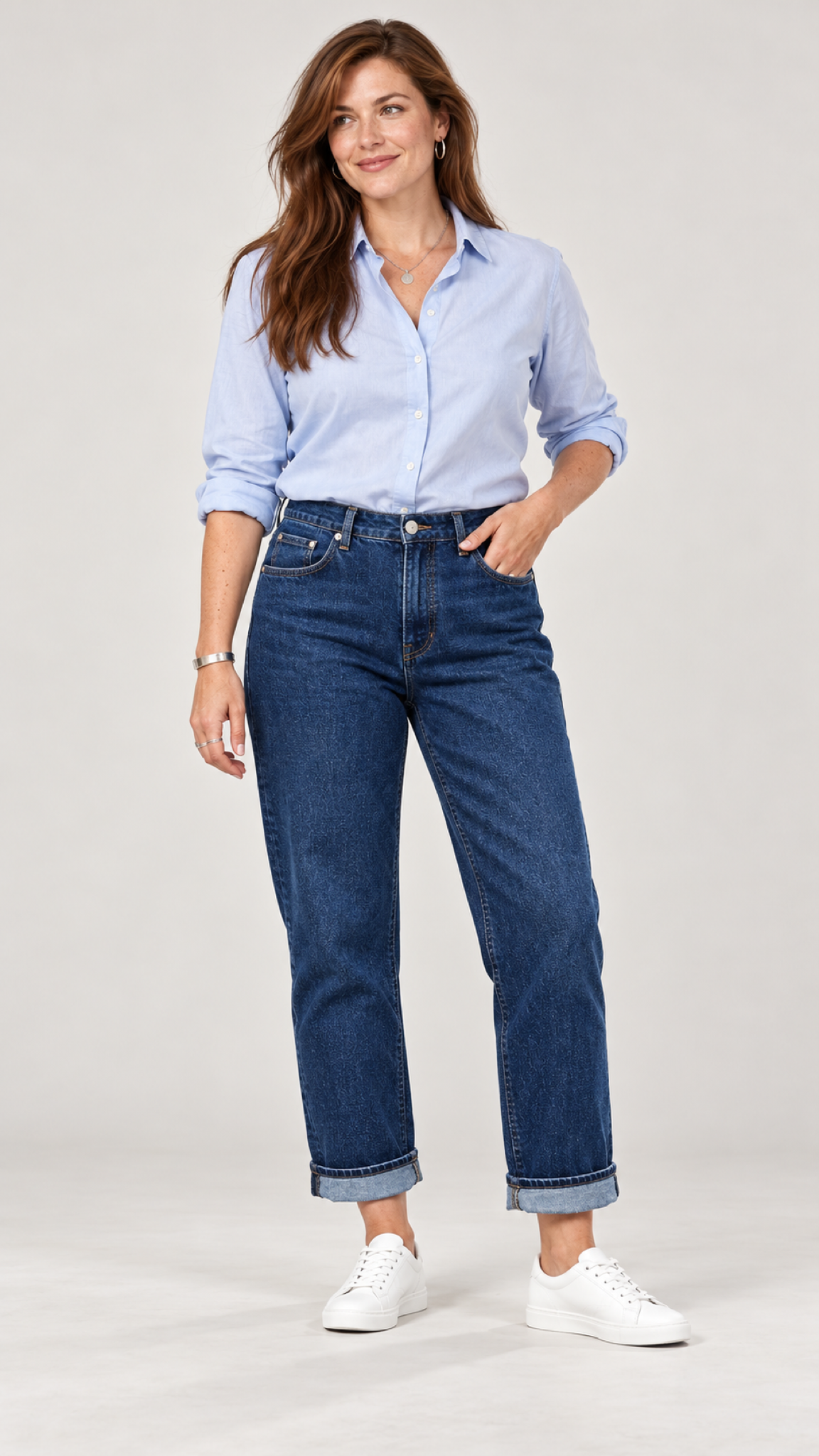 Emilia Straight-Leg-Jeans mit Umschlag – Azul-escuro – Ganzkörperansicht vorne