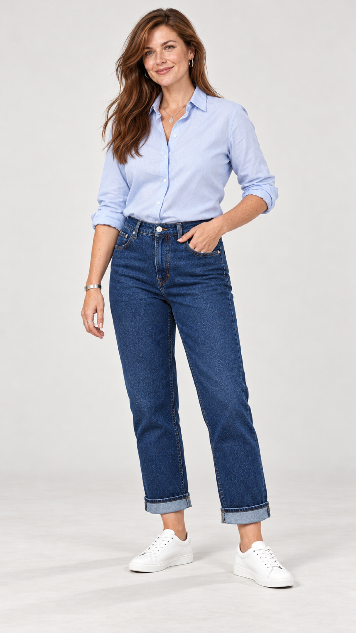Emilia Straight-Leg-Jeans mit Umschlag – Azul-escuro – Dreiviertelansicht am Model