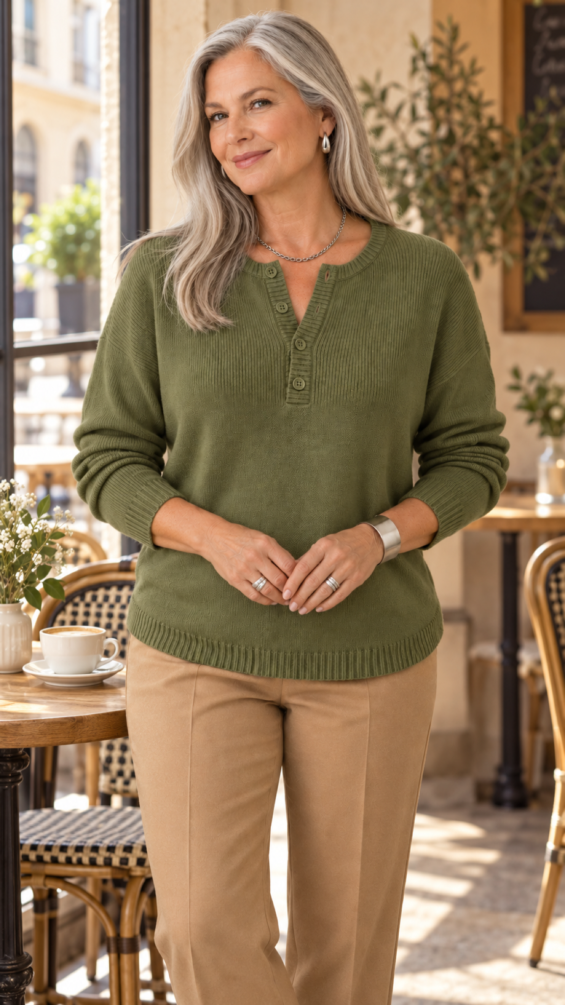 Faylinn Henley-Strickpullover in Verde-oliva – Café Lifestyle