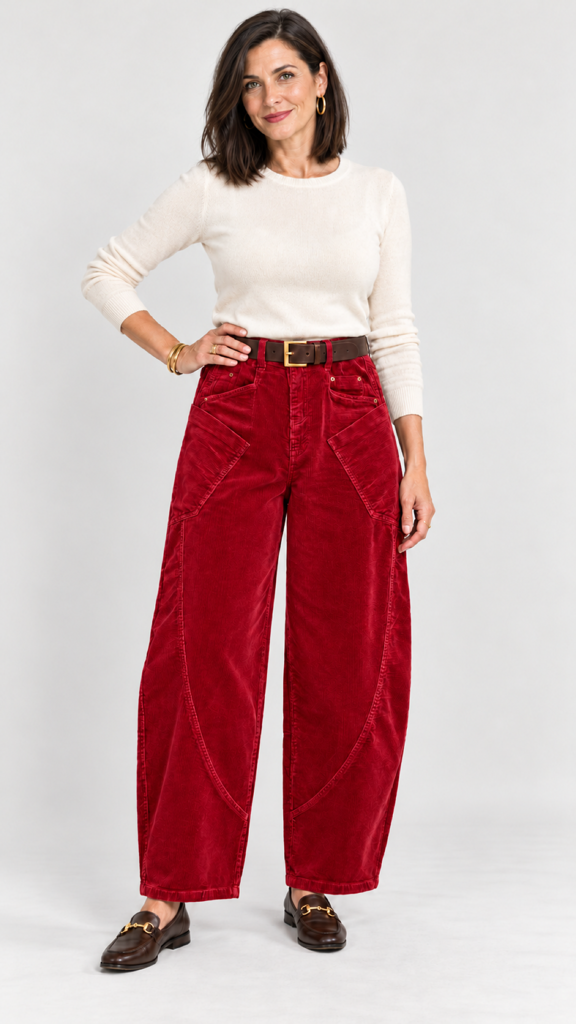 Jorina Calça de veludo cotelê – Vermelho – Ganzkörperansicht
