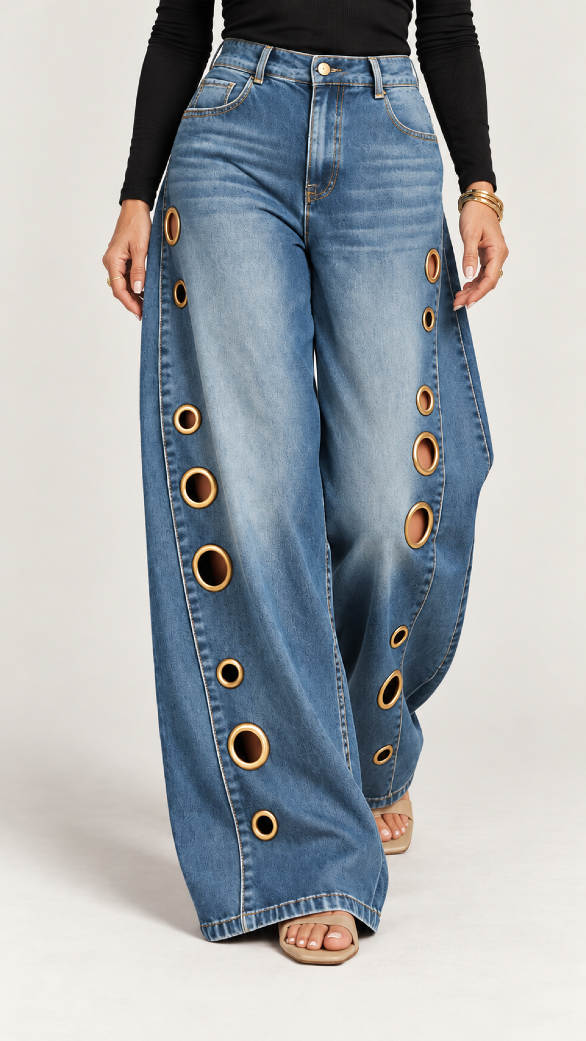 Marlena Jeans mit goldfarbenen Ösen – Azul – Calçanansicht