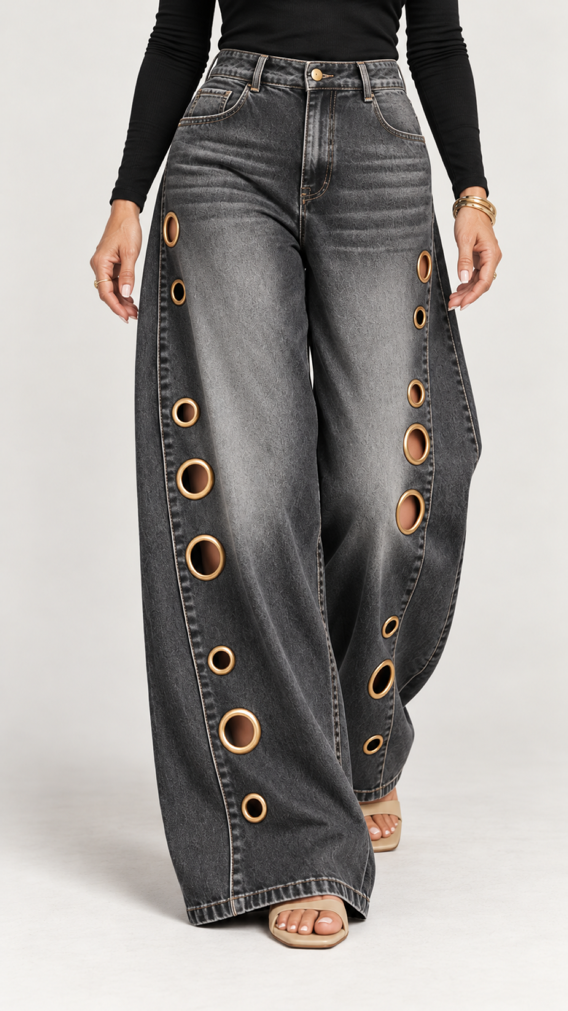 Marlena Jeans mit goldfarbenen Ösen – Cinza-escuro – Calçanansicht