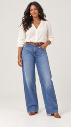 Azule Retro-Weitbein-Jeans mit Marromem Gürtel – Ganzkörperansicht