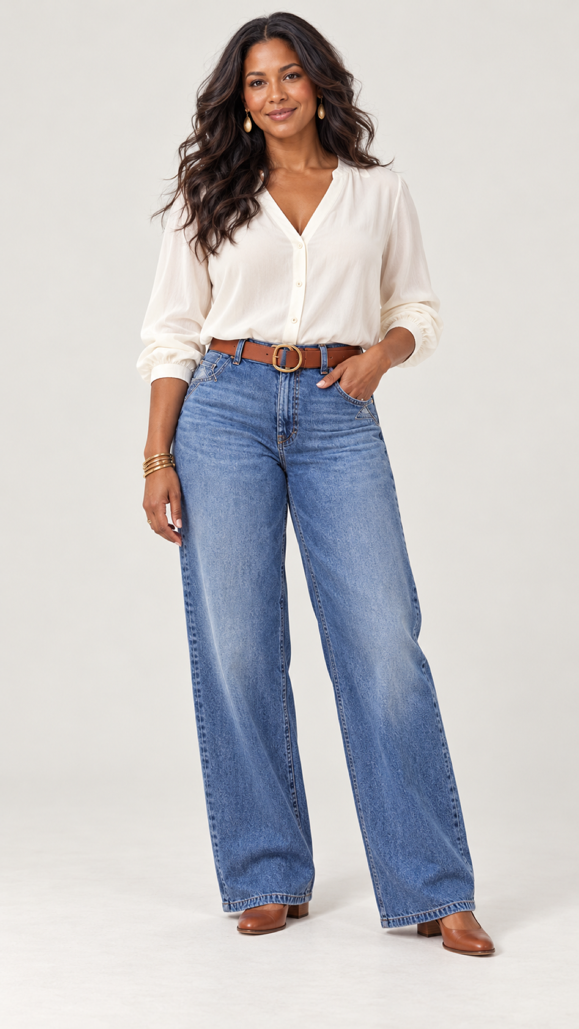 Azule Retro-Weitbein-Jeans mit Marromem Gürtel – Ganzkörperansicht