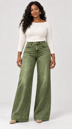 Wide-Leg Jeans in Armeegrün – frente