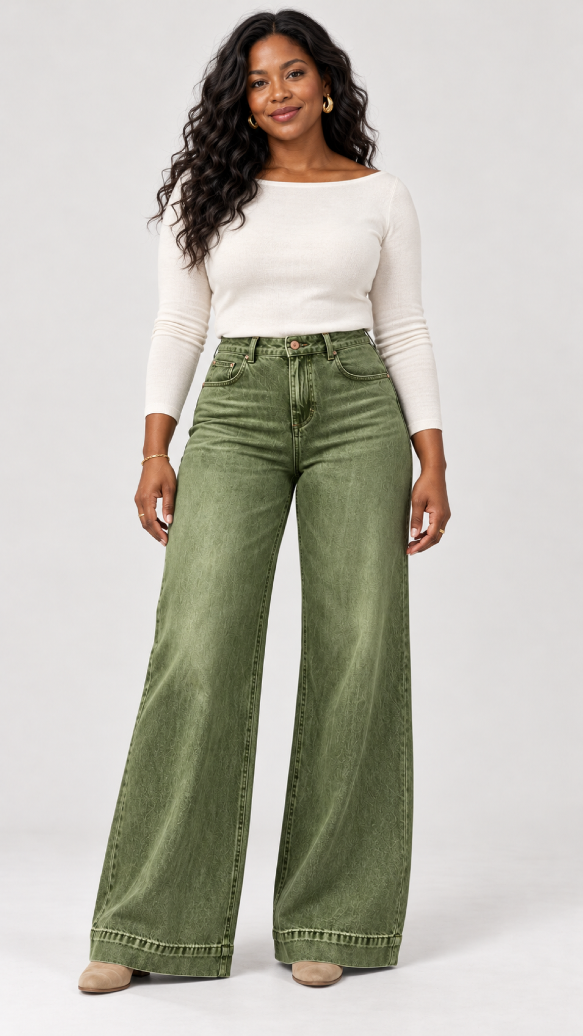 Wide-Leg Jeans in Armeegrün – frente