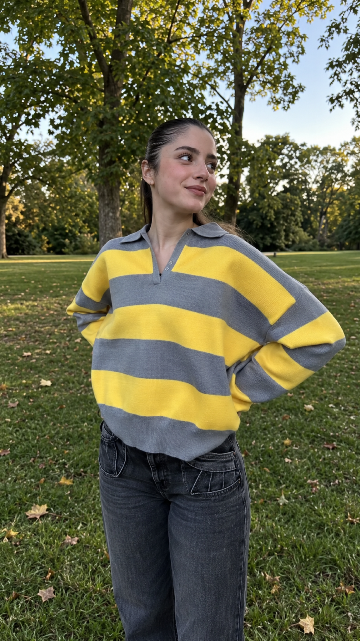 Marit – Gestreifter Strickpullover, Cinza/Amarelo