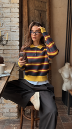 Marit – Gestreifter Strickpullover, Azul-escuro/Amarelo
