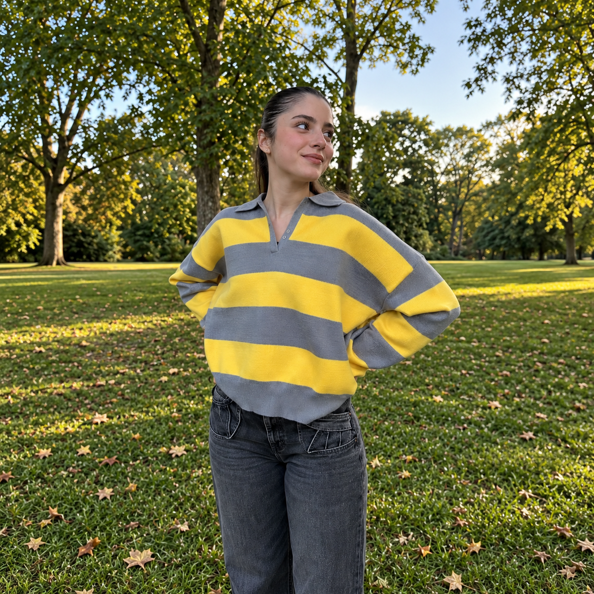 Marit – Gestreifter Strickpullover, Cinza/Amarelo