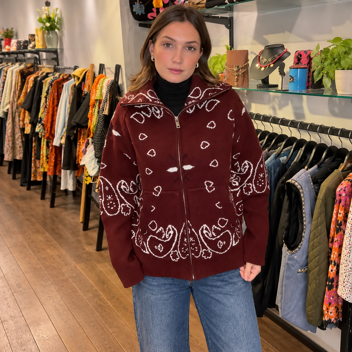 Cardigã Feminino Jacquard com Zíper Silja — Vermelho — imagem 2
