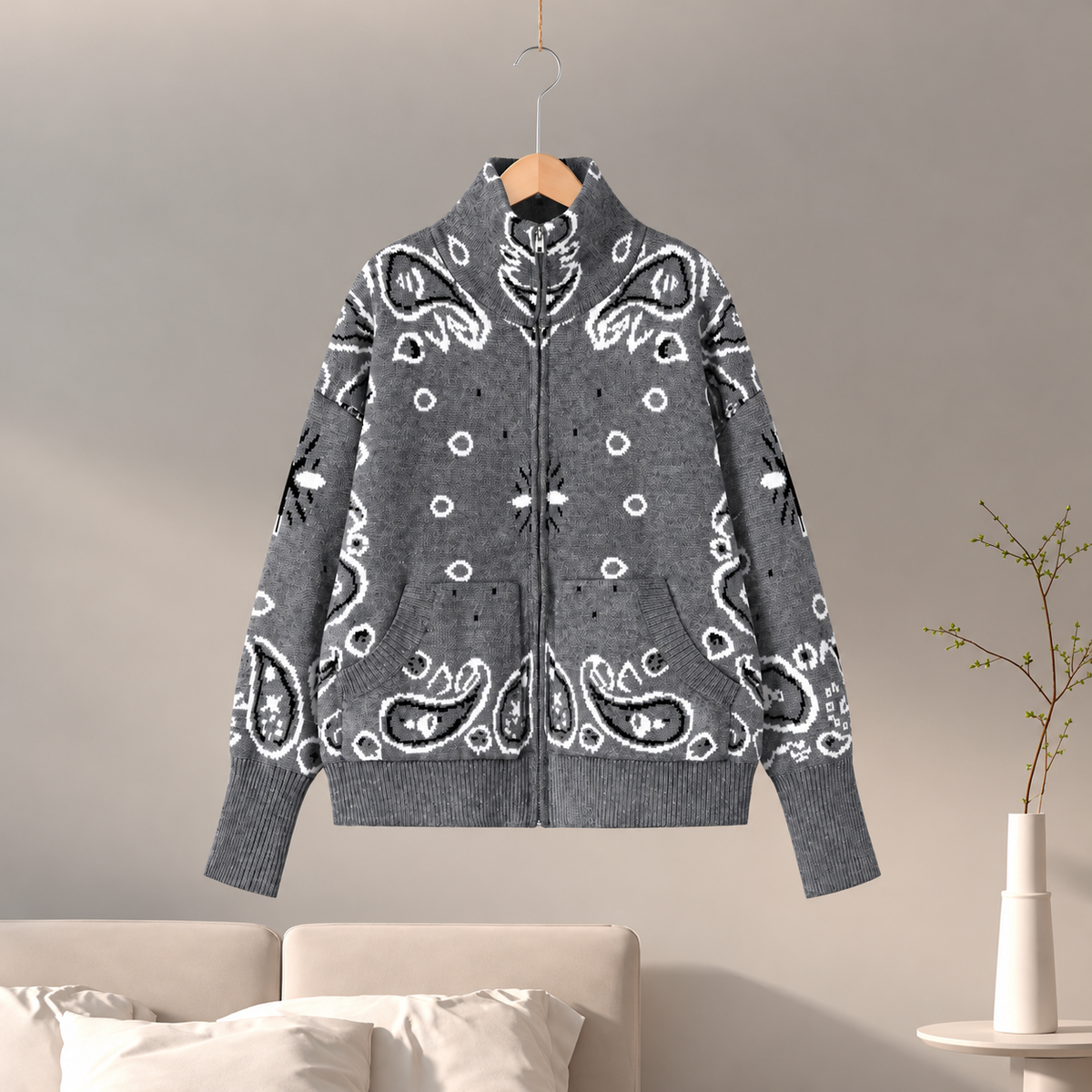Cardigã Feminino Jacquard com Zíper Silja — Cinza-claro — imagem 8