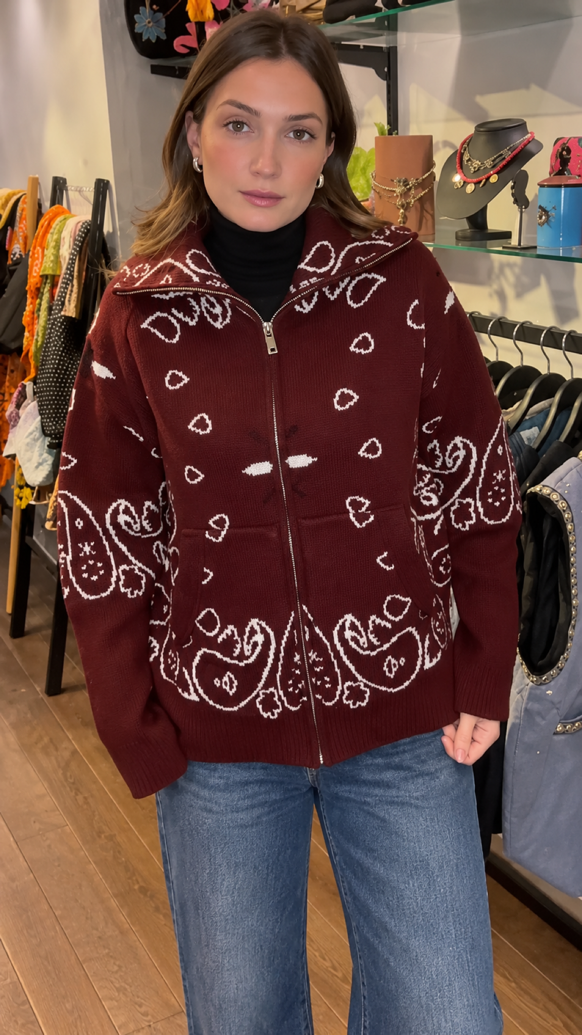 Silja Jacquard-Cardigã mit Paisleymuster – Vermelho